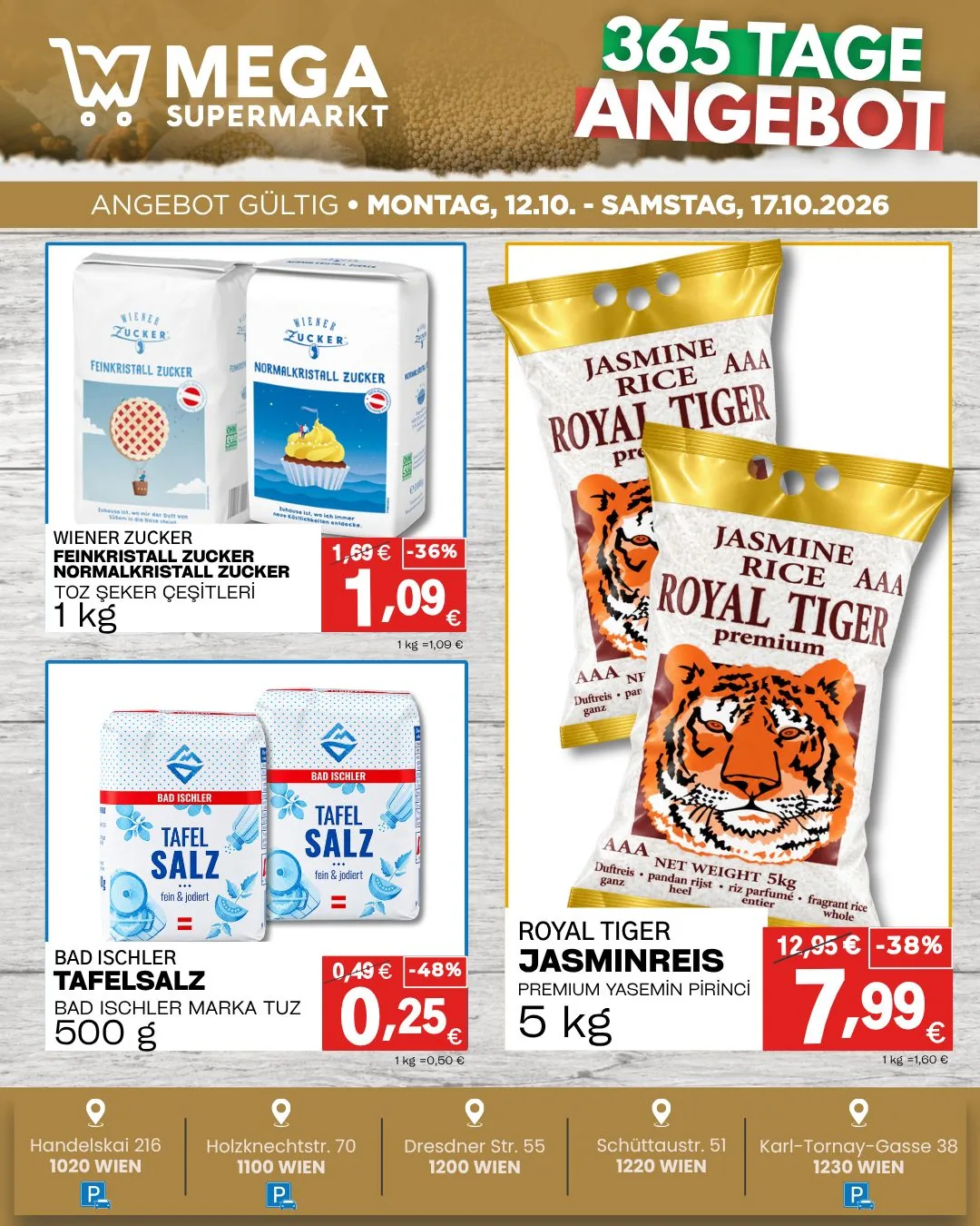 Angebot Zucker, Salz und Reis: Wiener Zucker Feinkristall oder Normalkristall 1 kg 1,09 € statt 1,69 €, Bad Ischler Tafelsalz 500 g 0,25 € statt 0,49 €, Royal Tiger Jasminreis 5 kg 7,99 € statt 12,95 €.