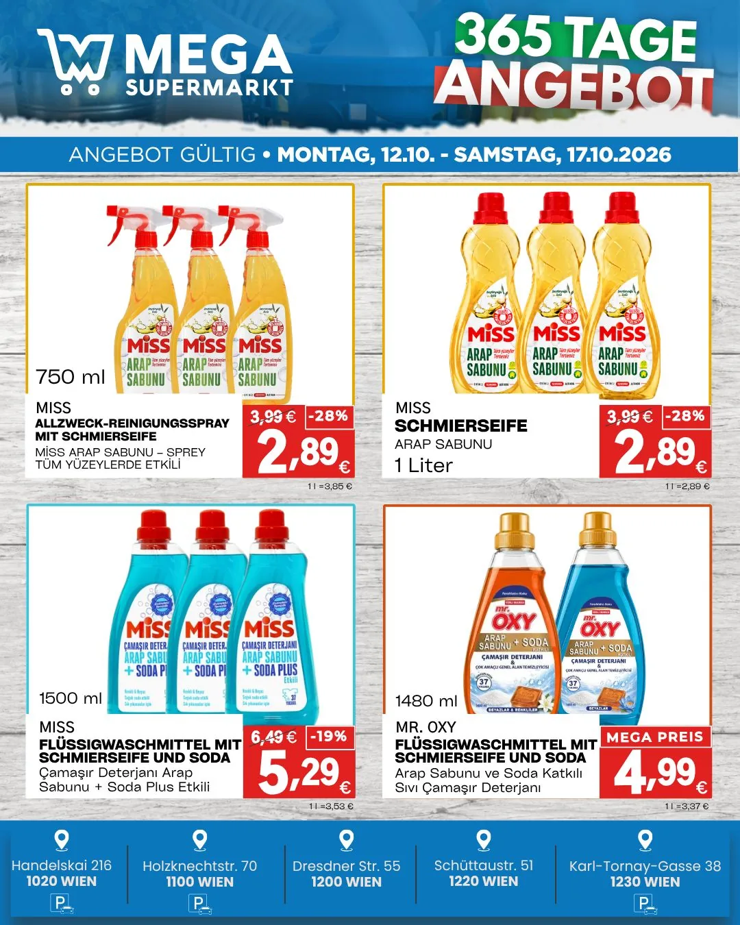Angebot Reinigung und Waschmittel: Miss Allzweck-Reinigungsspray 750 ml 2,89 € statt 3,99 €, Miss Schmierseife 1 Liter 2,89 € statt 3,99 €, Miss Flüssigwaschmittel 1500 ml 5,29 € statt 6,49 €, Mr. Oxy Flüssigwaschmittel 1480 ml 4,99 €.