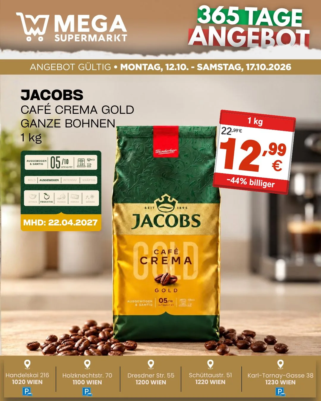Angebot Jacobs Café Crema Gold: Jacobs Café Crema Gold ganze Bohnen 1 kg 12,99 € statt 22,99 €.